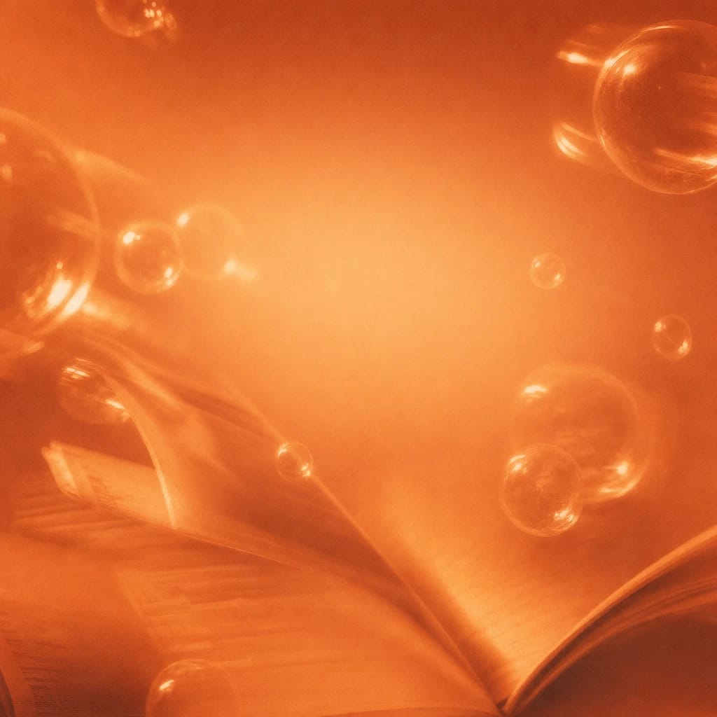 Stylized scene featuring floating soap bubbles over a blurred open notebook, rendered in burnt orange #C94A18