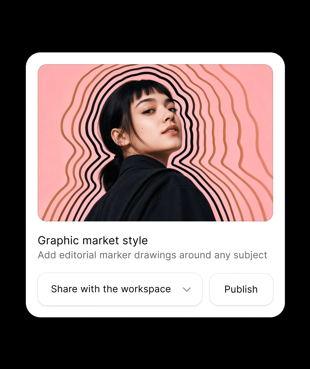 Woman with marker-style lines on a pink background, captioned "Graphic market style."