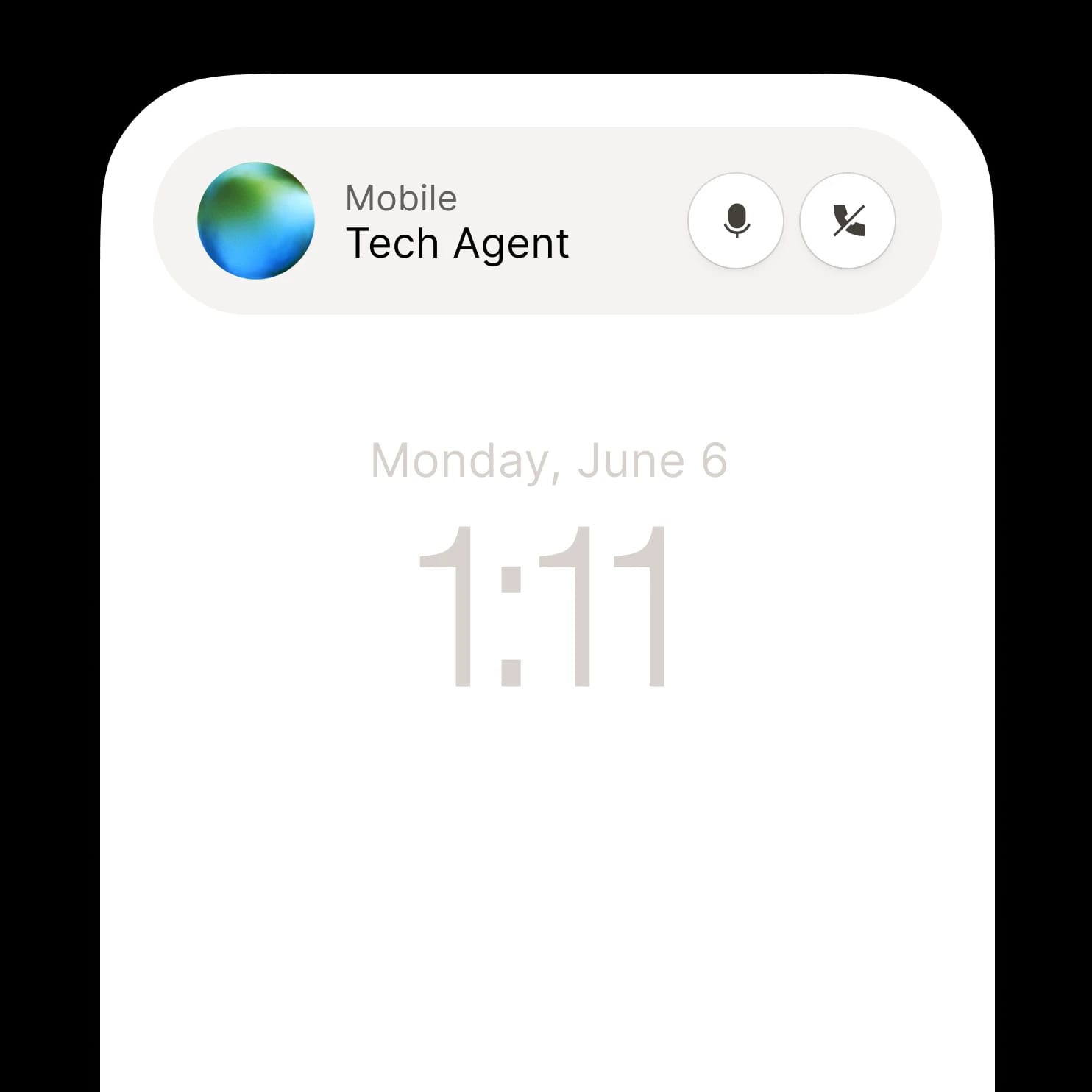 Phone call screen showing "Tech Agent" call in progress on June 6 at 1:11.
