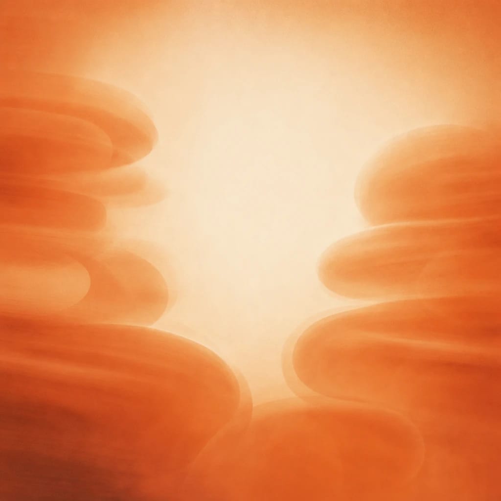 Stylized scene featuring overlapping speech bubbles dissolving into a soft blur, rendered in burnt orange #C94A18