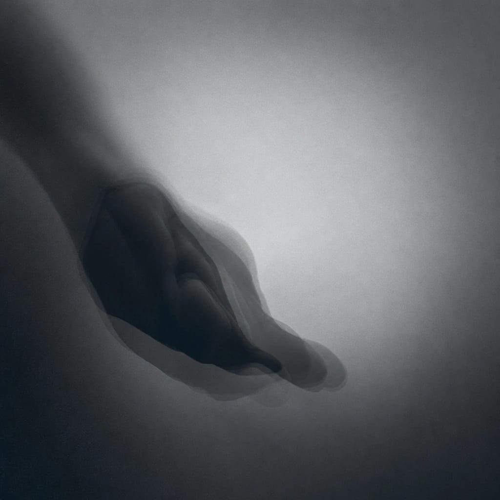 Stylized scene featuring cropped side-profile of a hand with fingers crossed behind back, rendered in charcoal gray #41454A
