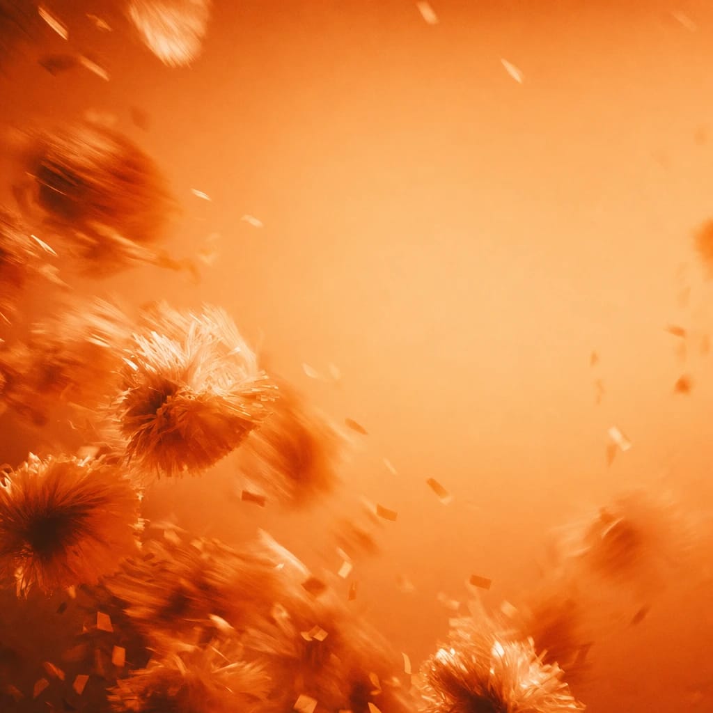 Stylized scene featuring pom-poms captured midair with confetti blur, rendered in burnt orange #C94A18