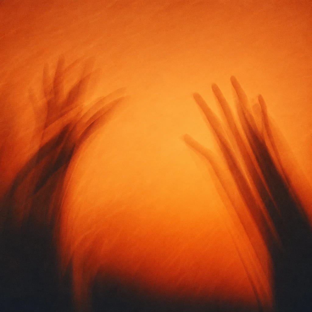 Stylized scene featuring motion-blurred hands mid-cheer, fingers splayed upward, rendered in burnt orange #C94A18
