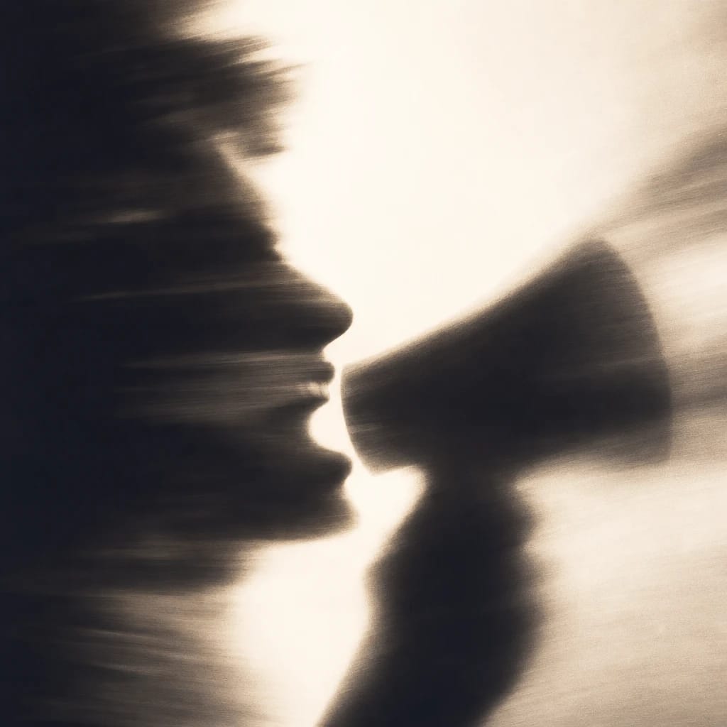 Stylized scene featuring radiant smiling face with megaphone, rendered in orange, off-white