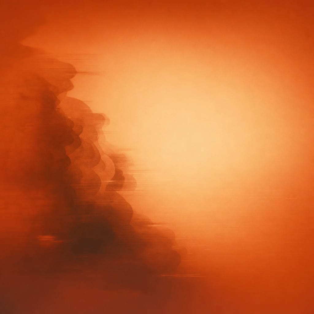 Stylized scene featuring dissolving text bubble with glitchy edge, rendered in burnt orange #C94A18