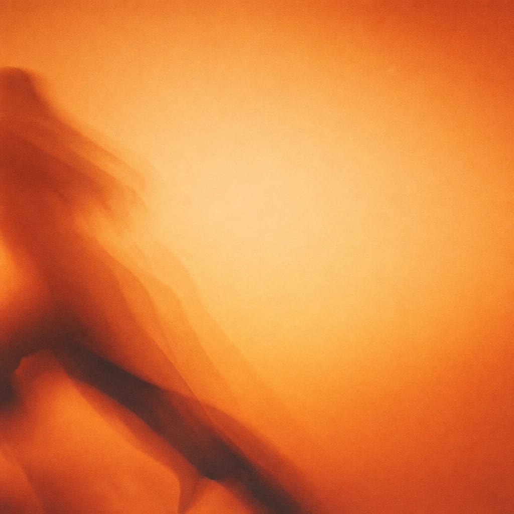 Stylized scene featuring cropped silhouette of a body in a relaxed, mid-step movement with tilted hip line, rendered in burnt orange #C94A18