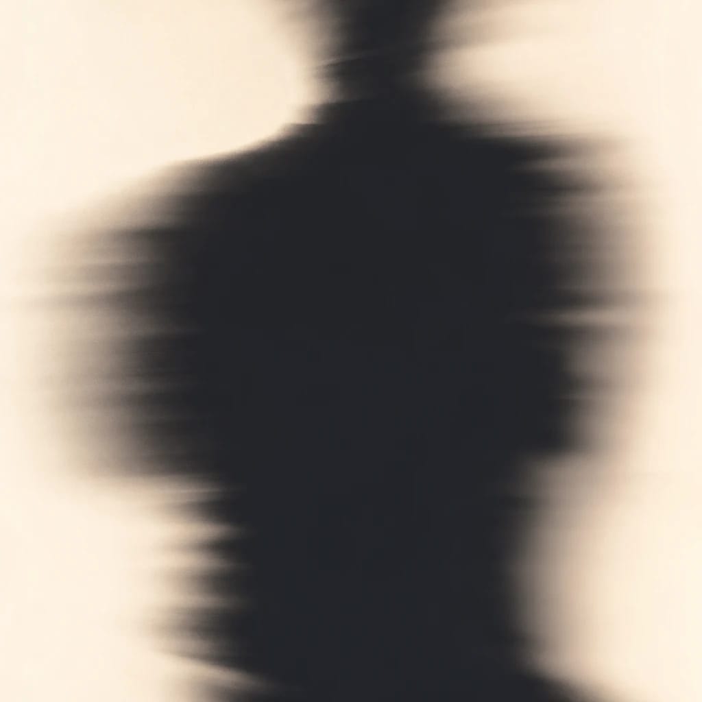Stylized scene featuring silhouetted figure standing with arms crossed, rendered in deep green, off-white