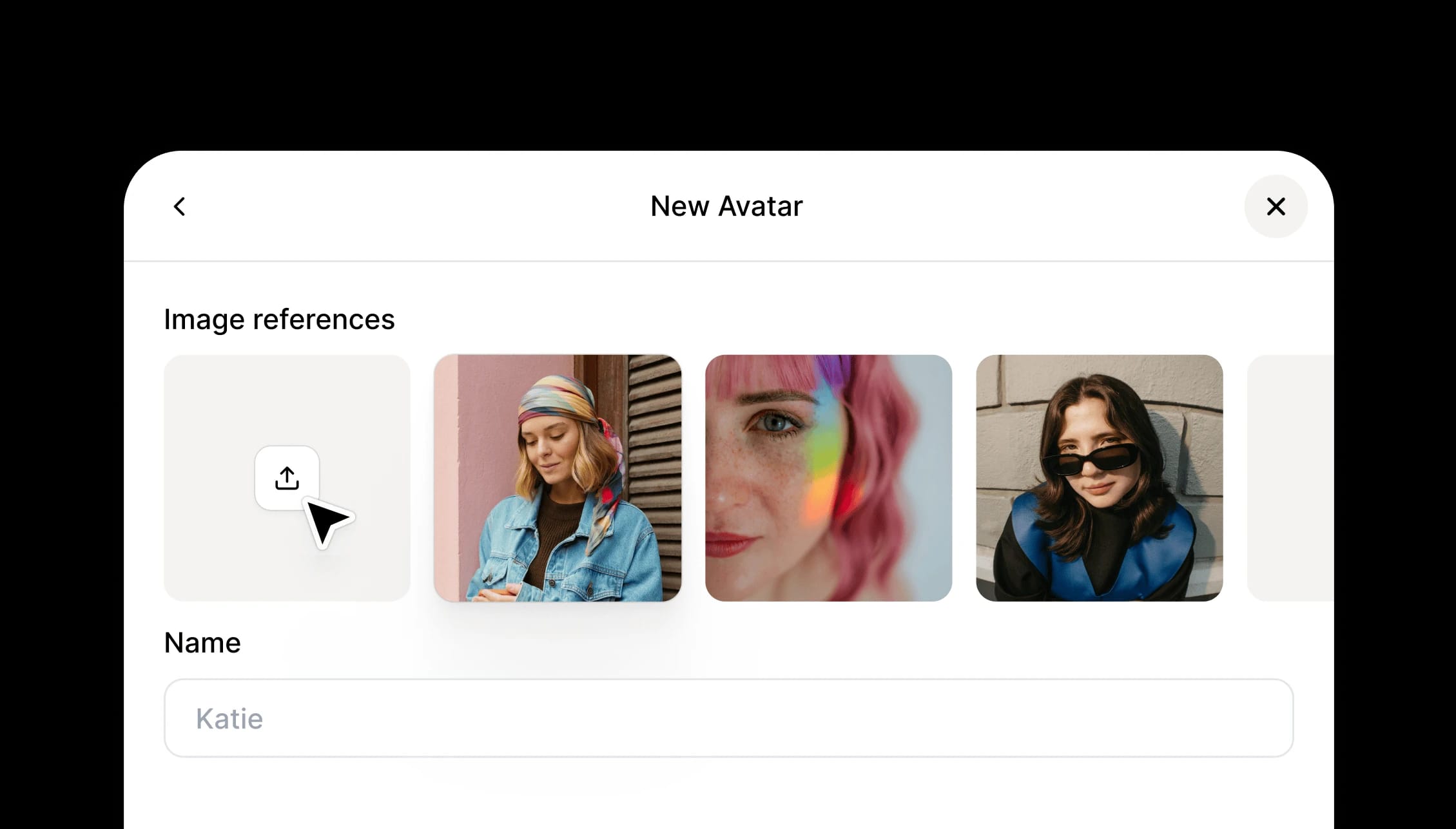 Avatar creation screen with image references and a name field labeled "Katie."