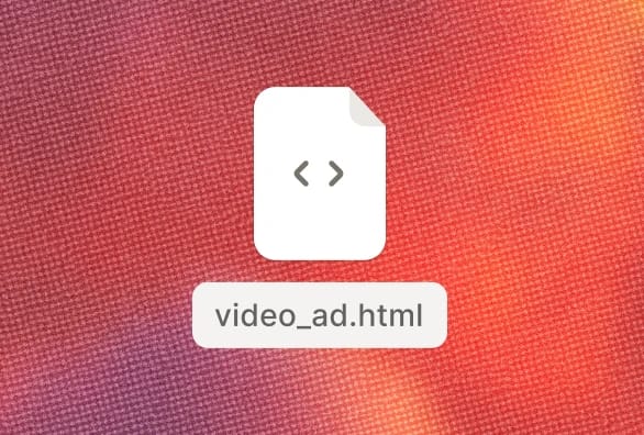 File icon with HTML code and filename "video_ad.html" on a textured background.