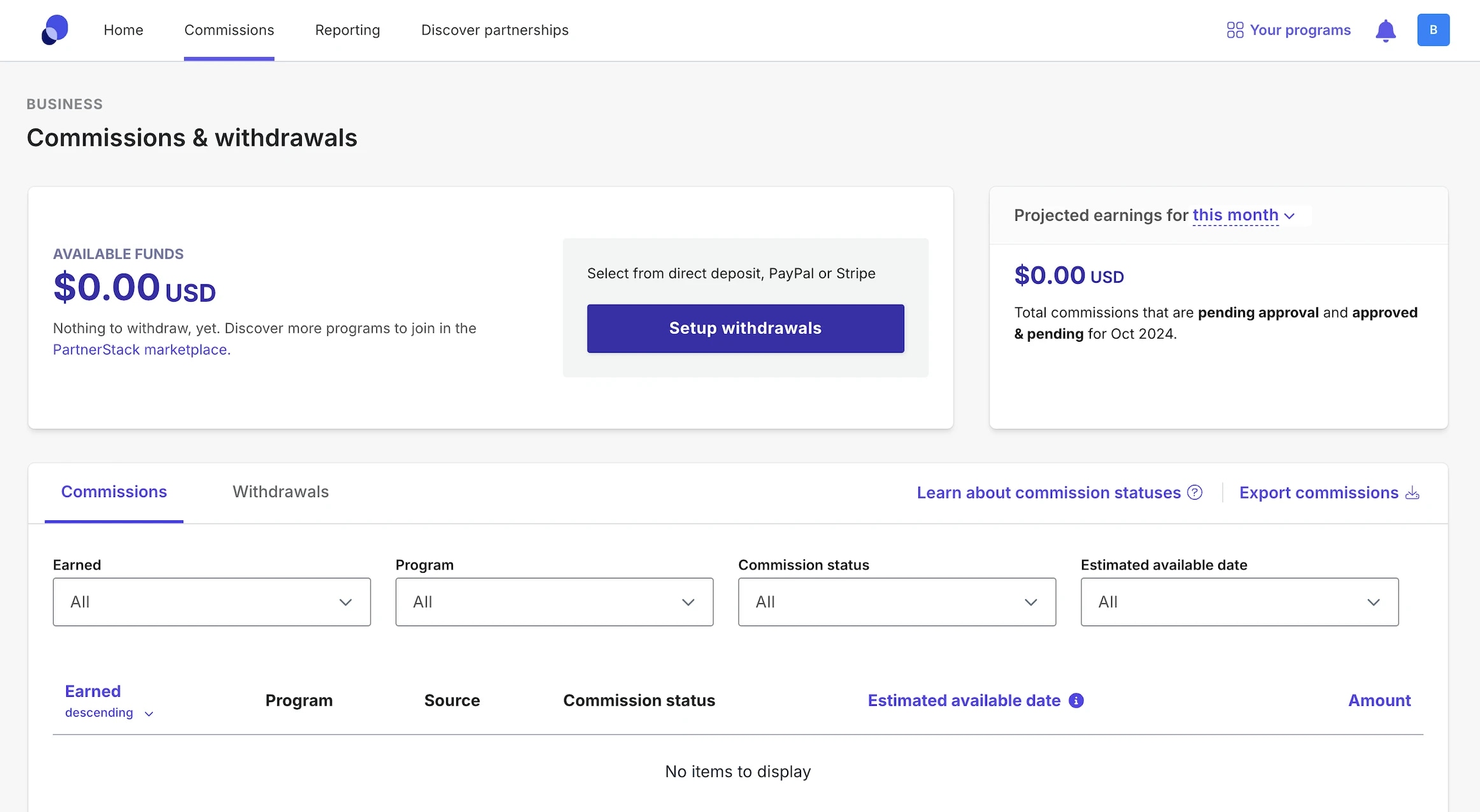 Screenshot of a dashboard showing "Commissions & withdrawals" with available funds of $0.00 USD, a "Setup withdrawals" button, and no transactions displayed.