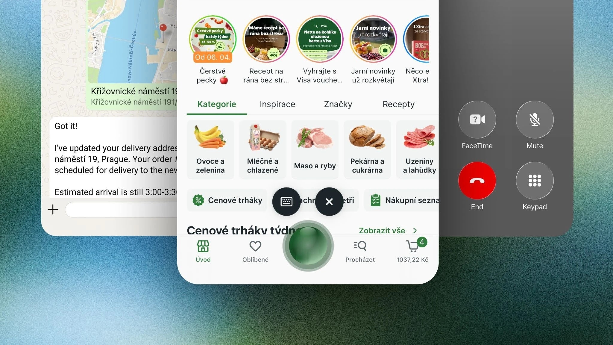 Multitasking on a smartphone showing a map, delivery details, shopping categories, and a call interface.