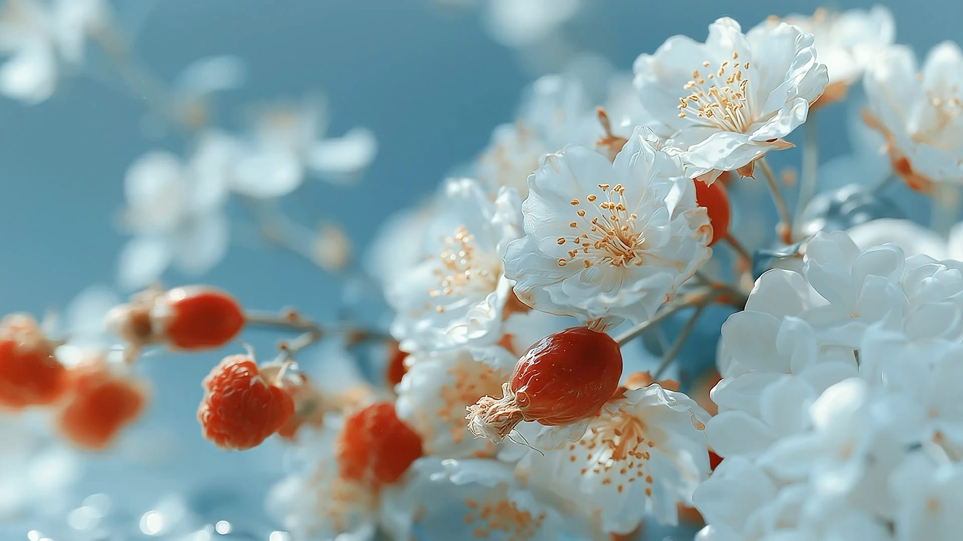 Macro video of a honeybee flying into frame and landing on a white flower blossom surrounded by small red berries. Shallow depth of field, detailed close-up, slow motion.