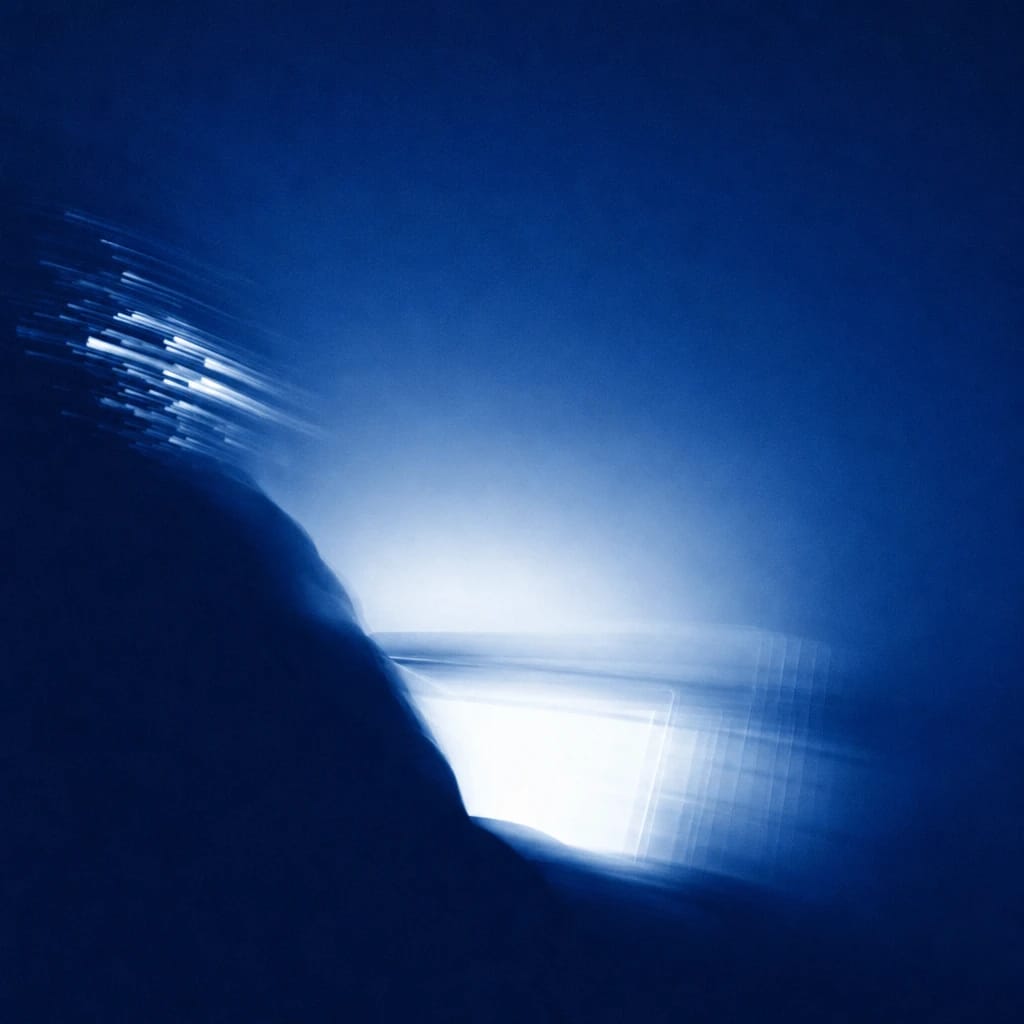 Stylized scene featuring a sharply-lit silhouette hunched over a glowing laptop screen, digital reflections fracturing across glasses, rendered in deep cobalt #173E8F
