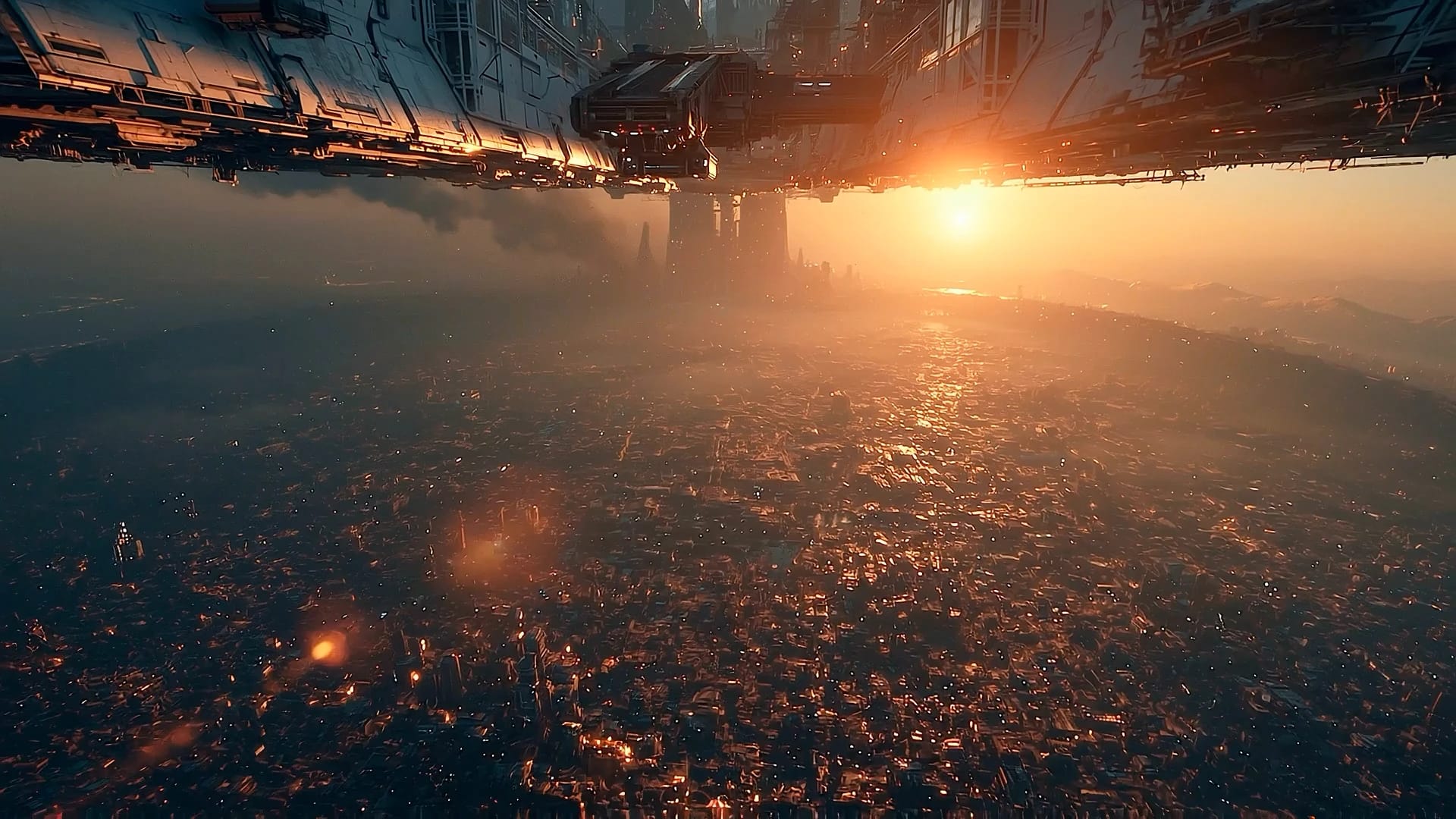 Massive sci-fi spaceship hovering over a vast, dense futuristic metropolis at sunset. Smaller spacecraft fly through the hazy, golden sky. Low-angle cinematic camera tracking forward.