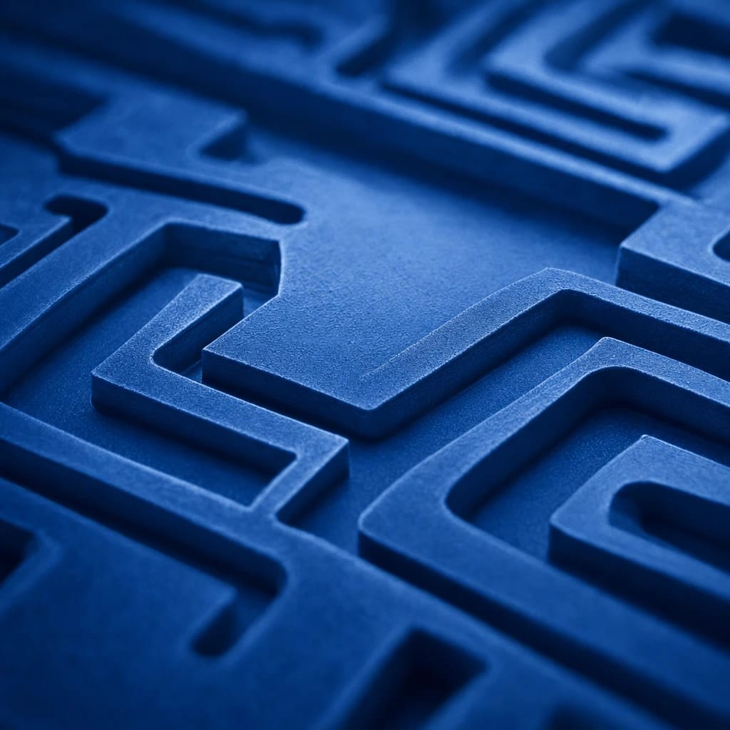 Stylized scene featuring etched PCB circuitry shaped like a labyrinth, rendered in cobalt blue #1E4FA3