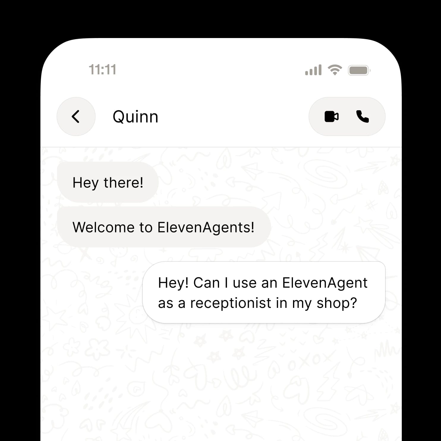 Chat interface showing a conversation with ElevenAgents support about using an agent as a receptionist.